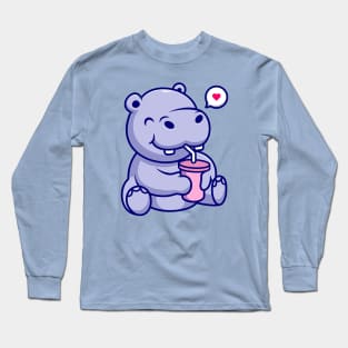 Cute Hippo Drinking Cartoon Long Sleeve T-Shirt